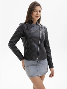 Detail of studded shoulders and zip closure on a black faux leather biker jacket