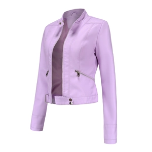 Detail view of lavender PU leather jacket featuring stand collar and metal zipper pockets