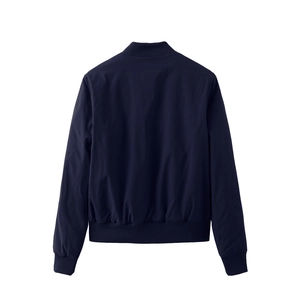 Navy blue women's padded bomber jacket back view with ribbed collar and cuffs