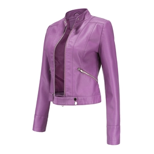 Short purple faux leather motorcycle jacket for women with stand collar and belted hem