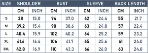Detailed size chart for women striped padded bomber jacket with CM and INCH measurements