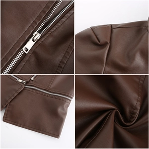 Detailed views of dark brown leather jacket features including zippers and premium grain texture