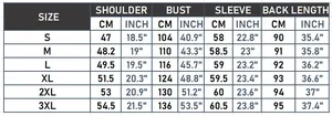 Detailed size chart for women long hooded windbreaker showing S to 3XL measurements