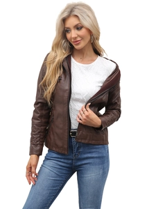 Women's dark brown faux leather motorcycle jacket with quilted sleeves and stand collar