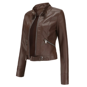 Detail of slim fit dark brown faux leather motorcycle jacket with stand collar and zipper