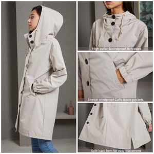 Detail view of water-resistant women's long parka with windproof hood and elastic cuffs