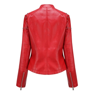 Detailed back view of a slim fit red leather jacket with silver studs and stand collar