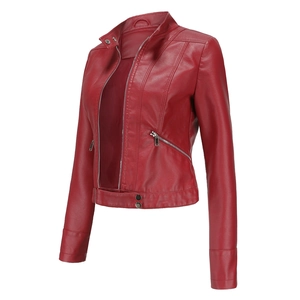 Detail of red faux leather biker jacket with stand collar and metallic zippers
