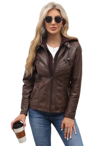 Women's dark brown faux leather hooded jacket with zipper pockets and washed PU finish