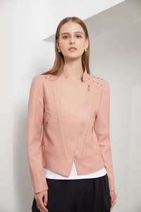 Pink matte PU leather moto jacket detail with silver studs and asymmetric zipper