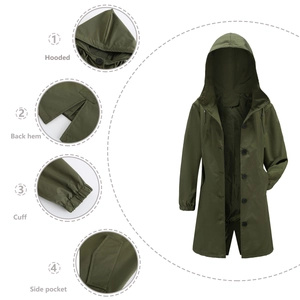 Detail view of the drawstring hood, elastic cuffs, and flap pockets on the green raincoat