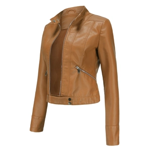Detail of a brown faux leather biker jacket with stand collar and metallic zippers