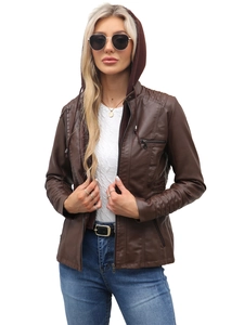 Women's dark brown faux leather biker jacket with a detachable hooded liner and quilting