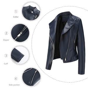 Veste en similicuir bleu marine pour femme avec col à revers et détails zippés