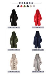 Multiple color options for long hooded windbreaker including olive, red and blue