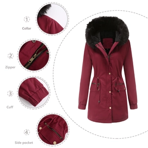 Detail view showing fur collar, zipper, cuffs, and side pocket of burgundy parka