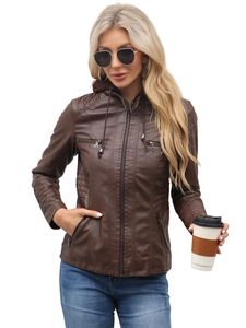 Women brown faux leather hooded jacket with zip pockets and quilted shoulder detailing
