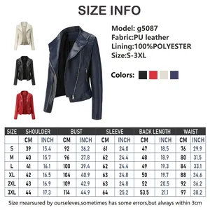 Tableau des tailles détaillé pour veste en cuir PU femme montrant les mesures S-3XL et matières