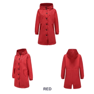 Three-way view of red waterproof hooded windbreaker with black buttons and drawstring hood