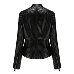 Detail of black faux leather biker jacket back with silver rivets and zipper cuffs