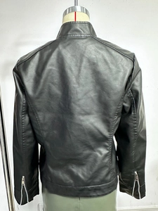 Rear view of black PU leather motorcycle jacket with stand collar and zipper cuffs