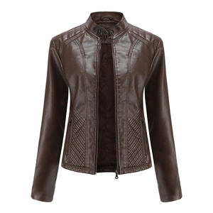 Detail of dark brown faux leather jacket featuring diamond-quilted stitching on shoulders