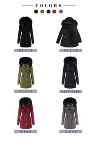Color options for women's hooded parka jacket with faux fur trim in various shades
