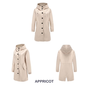 Three-way view of women's long apricot windbreaker with hood and back fishtail hem