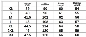 Detailed clothing size chart for XS to 3XL including chest, shoulder, and sleeve length