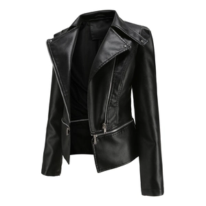 Detail of a black faux leather biker jacket featuring a diagonal metal zipper and wide lapels