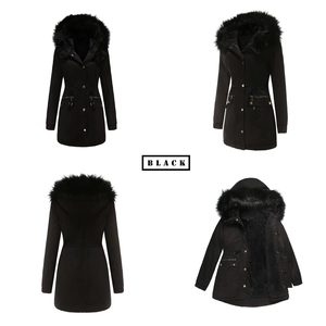Detailed views of black winter parka with faux fur hood, drawstring waist, and metal zipper