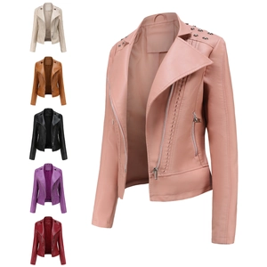 Women Studded Faux Leather Motorcycle Jacket Lapel Long Sleeve Slim Fit Zipper Biker Coat Outwear Solid Color Streetwear