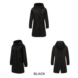 Detailed views of women's black hooded windbreaker showing front side and back views
