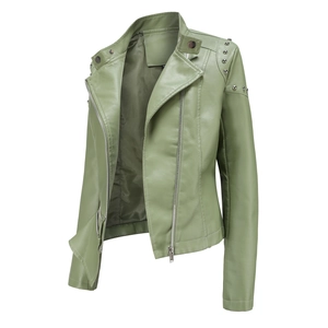 Detail view of silver rivets on light green faux leather biker jacket collar