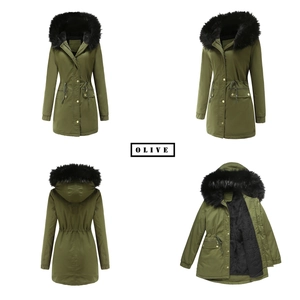 Detail of olive green parka jacket with black faux fur hood and warm fleece lining