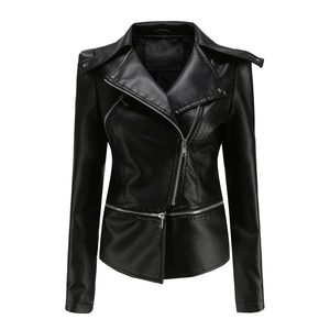 Close-up of black faux leather jacket with silver zippers and professional stitching detail