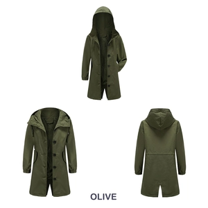 Three-view detail of olive green waterproof hooded long windbreaker with fishtail hem