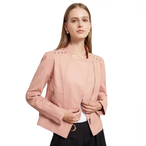 Pink faux leather biker jacket for women featuring silver studs and asymmetric zipper