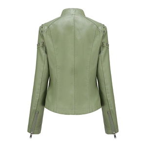 Back view of slim fit olive green faux leather jacket with silver stud details on shoulders