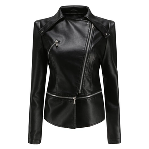 Detail of black faux leather biker jacket featuring metallic zippers and snap buttons