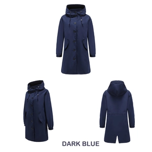 Detailed views showing the water-repellent fabric and hood of the dark blue trench coat