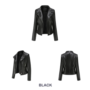 Vues multiples d'une veste courte en similicuir noir pour femme avec col à revers