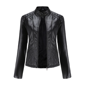 Detail view of black faux leather jacket showing stand collar and diamond quilted shoulders