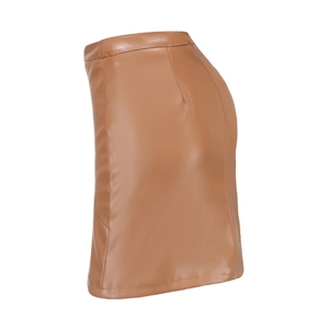 Vue latérale de la mini-jupe marron en cuir PU à taille haute et tissu extensible