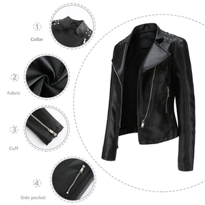 Women's black faux leather biker jacket with metal studs and zipper detailing
