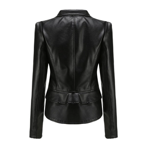 Detail view of women's slim fit black faux leather jacket with elegant peplum waist hem