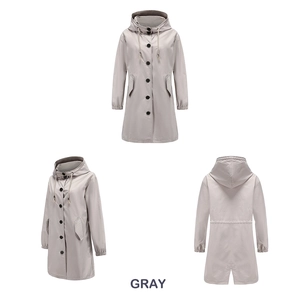 Detailed views of gray hooded raincoat featuring button closure and elastic cuffs