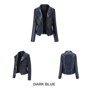 Détails de la veste de motard en cuir PU bleu foncé avec poches zippées et coutures
