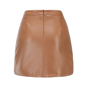 Vue détaillée de la jupe en cuir PU marron à taille haute avec fermeture éclair cachée