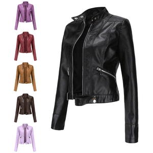 Women PU Leather Biker Jacket Stand Collar Slim Fit Faux Leather Motorcycle Zip Up Short Coat Autumn Casual Outerwear